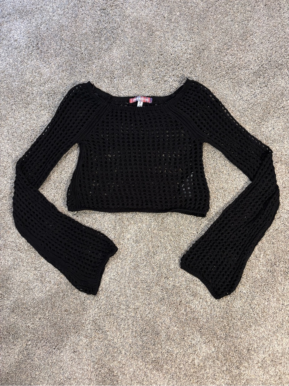 Urban Outfitters Women’s Black Open-Knit Cropped Bell Sleeve Sweater Y2K Layer S